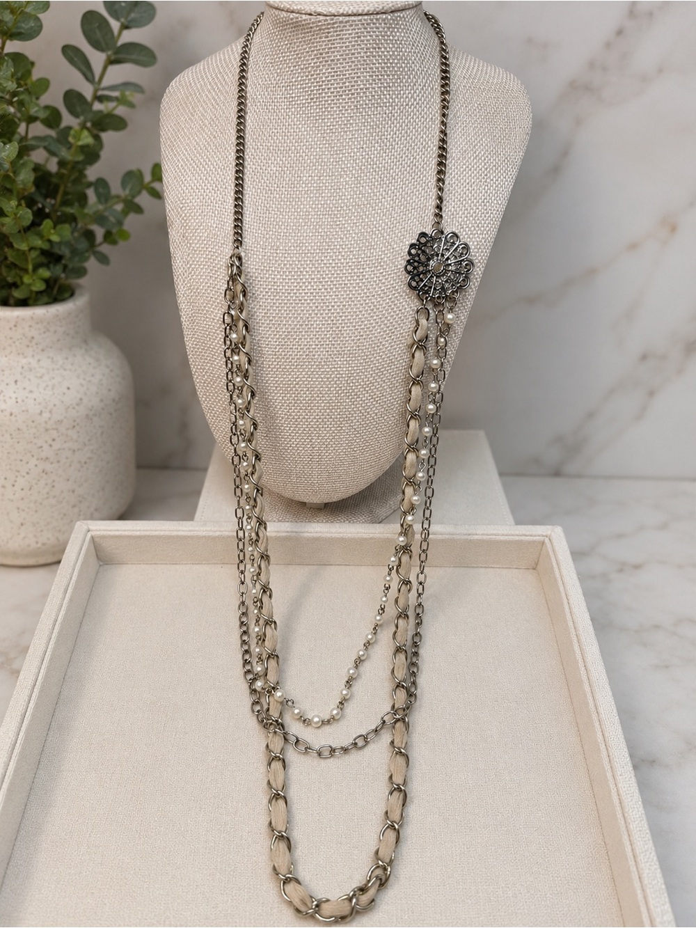 Vintage-Inspired Multi-Strand Silver Necklace with Pearl Accents